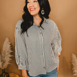 Striped Button Up Long Sleeve Top - Black/Cream