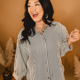 Striped Button Up Long Sleeve Top - Black/Cream