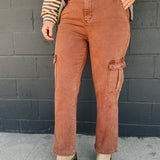 High Rise Cropped Straight Cargo Pants - Espresso