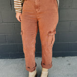 High Rise Cropped Straight Cargo Pants - Espresso