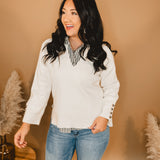 Solid V-Neck Knit Sweater - Cream