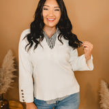 Solid V-Neck Knit Sweater - Cream