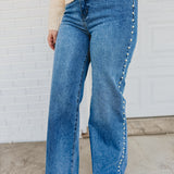 Pearl Detail High-Rise Wide Leg Jeans - Medium