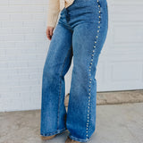 Pearl Detail High-Rise Wide Leg Jeans - Medium