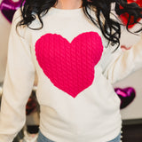 Cable Knit Heart Detail Knit Sweater - White/Pink