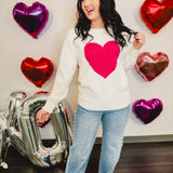 Cable Knit Heart Detail Knit Sweater - White/Pink