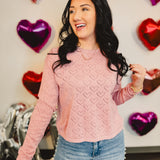 Heart Pointelle Scalloped Trim Sweater - Mauve