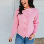 Bow Snap Button Detail Sweater Cardigan - Blush - Lace and Grace Boutique