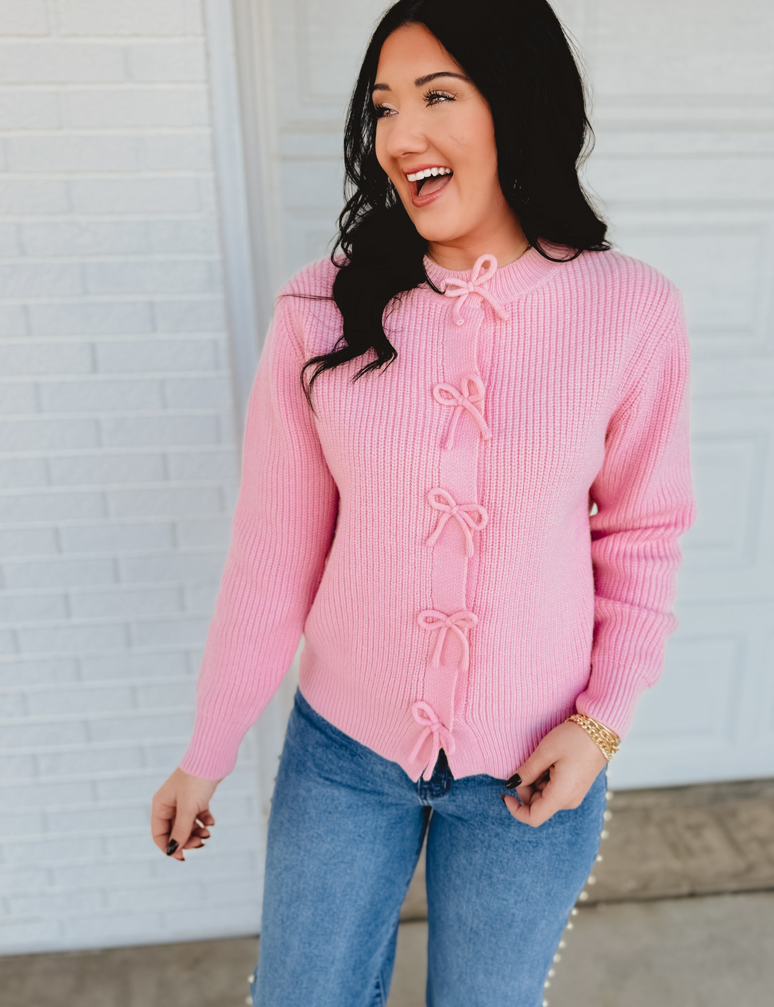 Bow Snap Button Detail Sweater Cardigan - Blush - Lace and Grace Boutique