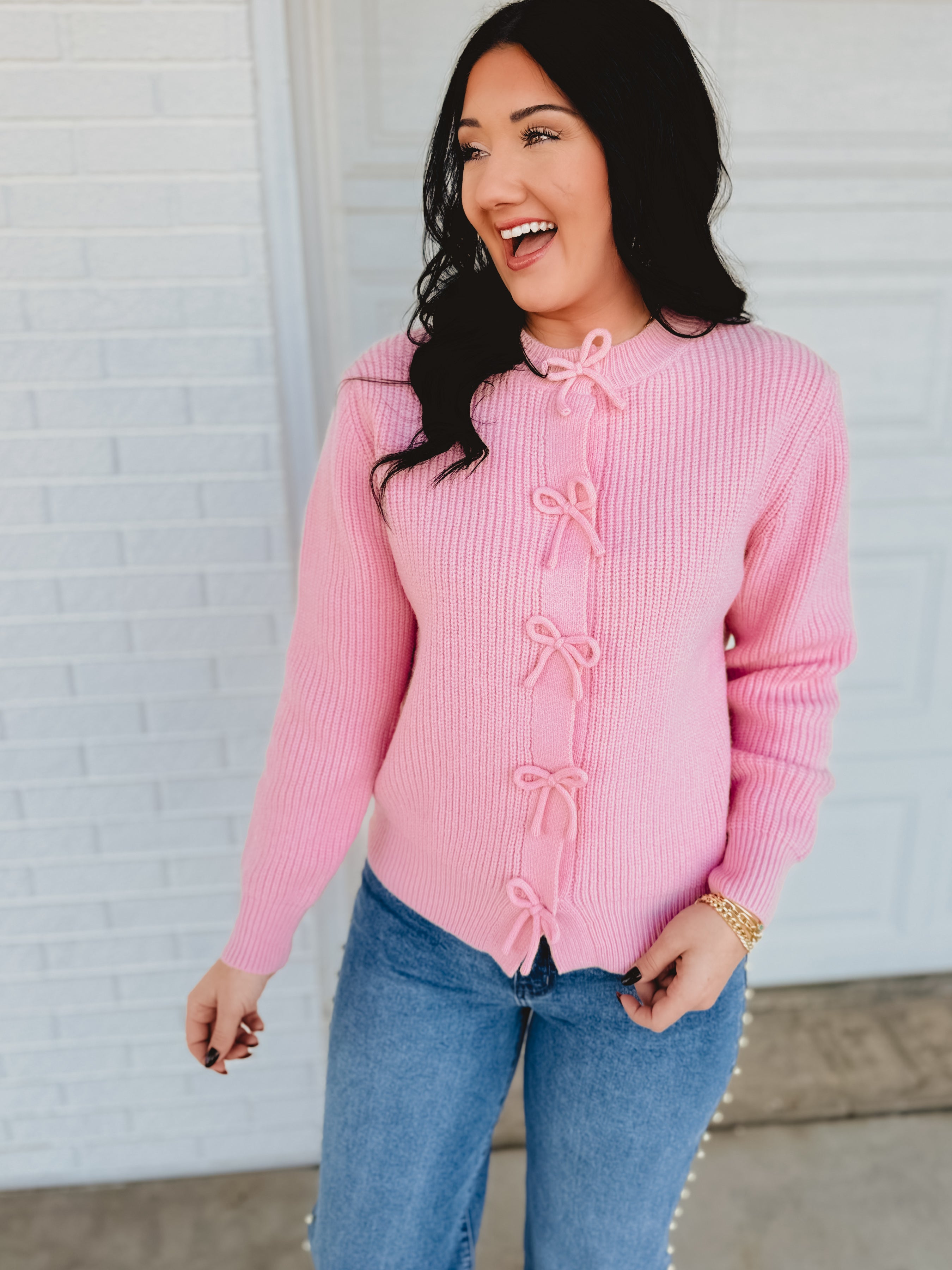 Bow Snap Button Detail Sweater Cardigan - Blush - Lace and Grace Boutique