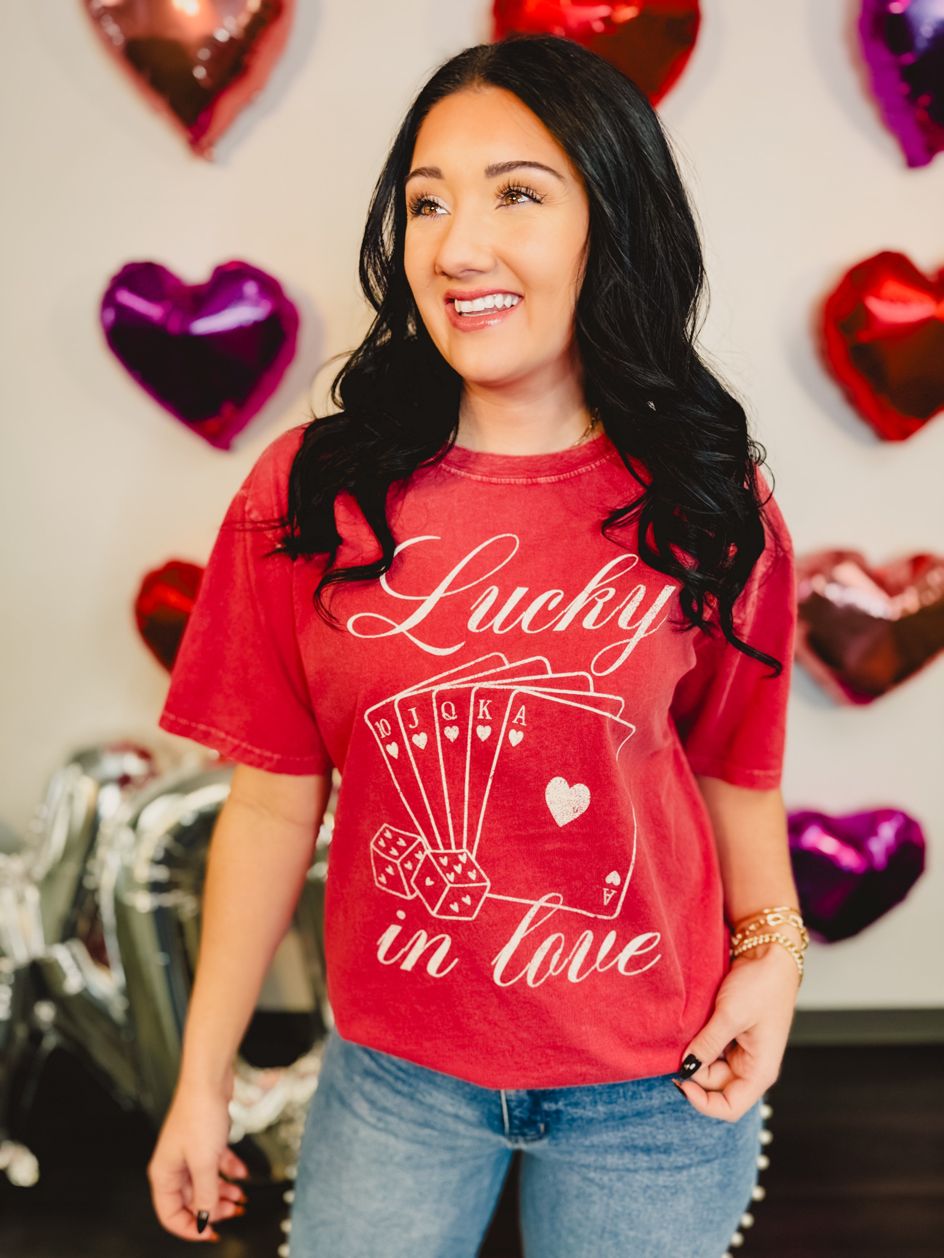 Lucky In Love Oversized Mineral Wash Tee - Vintage Red - Lace and Grace Boutique