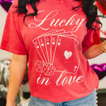 Lucky In Love Oversized Mineral Wash Tee - Vintage Red - Lace and Grace Boutique