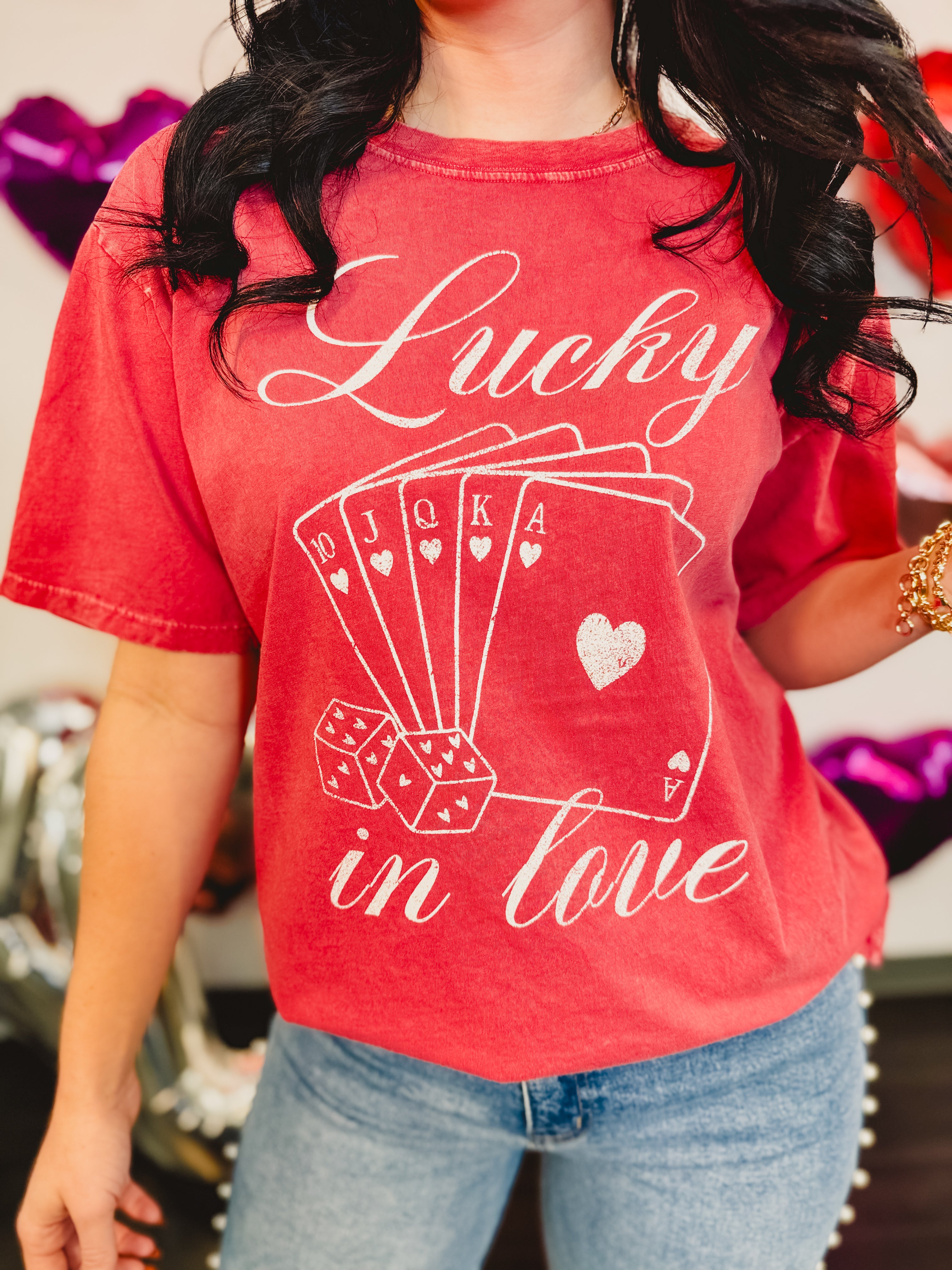 Lucky In Love Oversized Mineral Wash Tee - Vintage Red - Lace and Grace Boutique