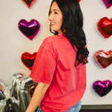 Lucky In Love Oversized Mineral Wash Tee - Vintage Red - Lace and Grace Boutique