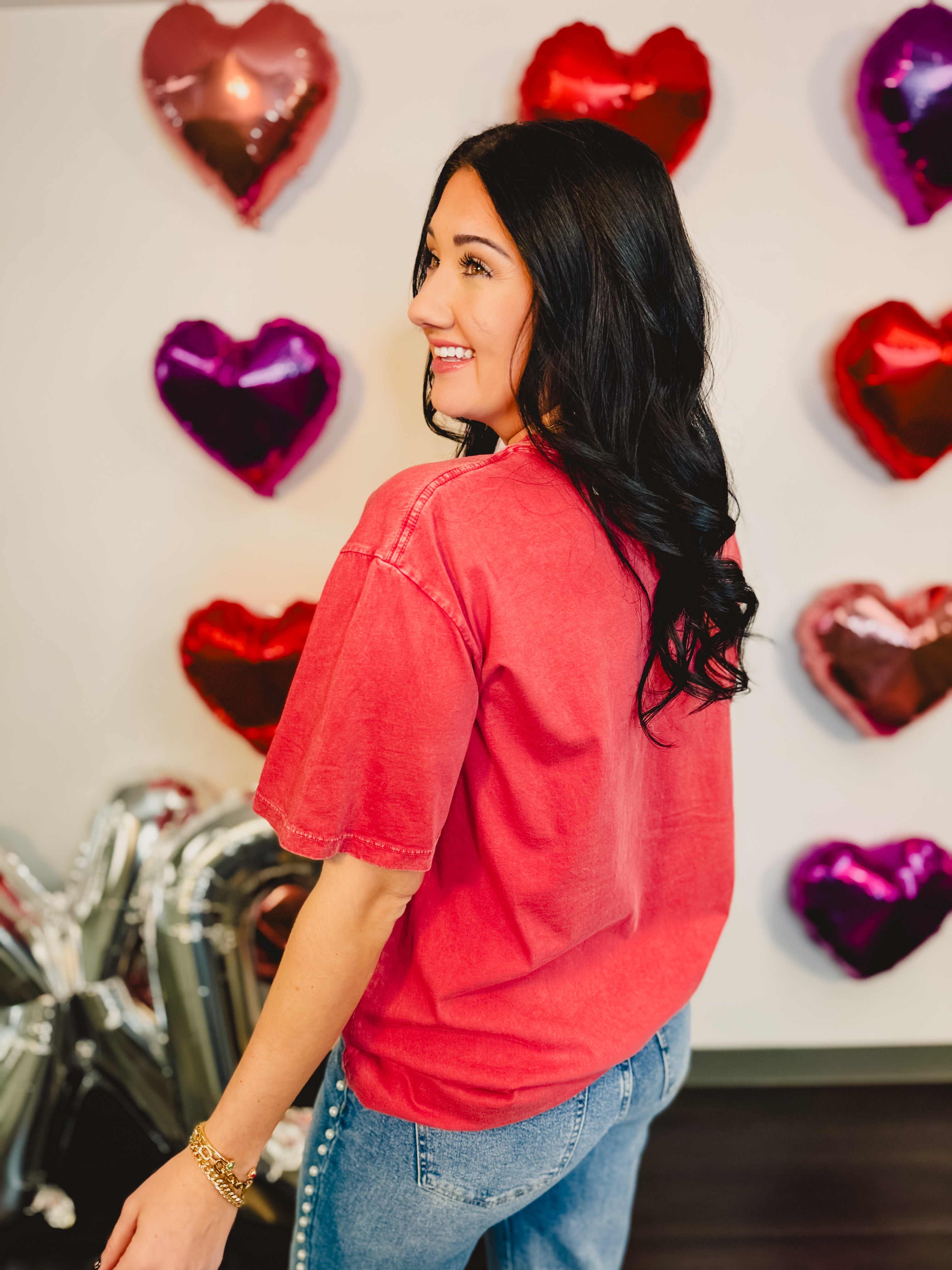 Lucky In Love Oversized Mineral Wash Tee - Vintage Red - Lace and Grace Boutique