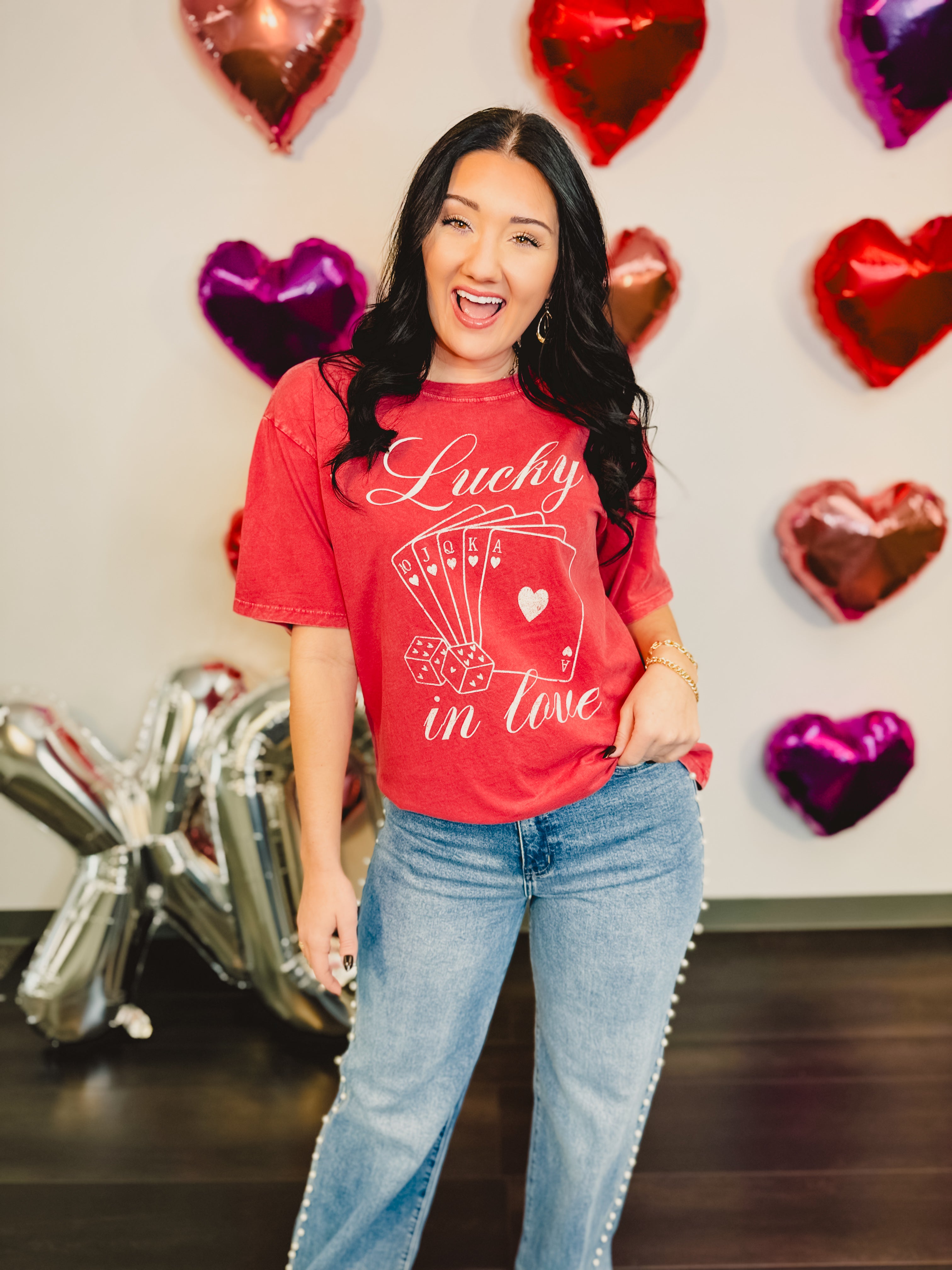 Lucky In Love Oversized Mineral Wash Tee - Vintage Red - Lace and Grace Boutique