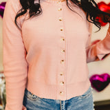 Button Up Round Neck Sweater Cardigan - Ballet