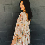 Floral Long Sleeve Babydoll Mini Dress - Nude