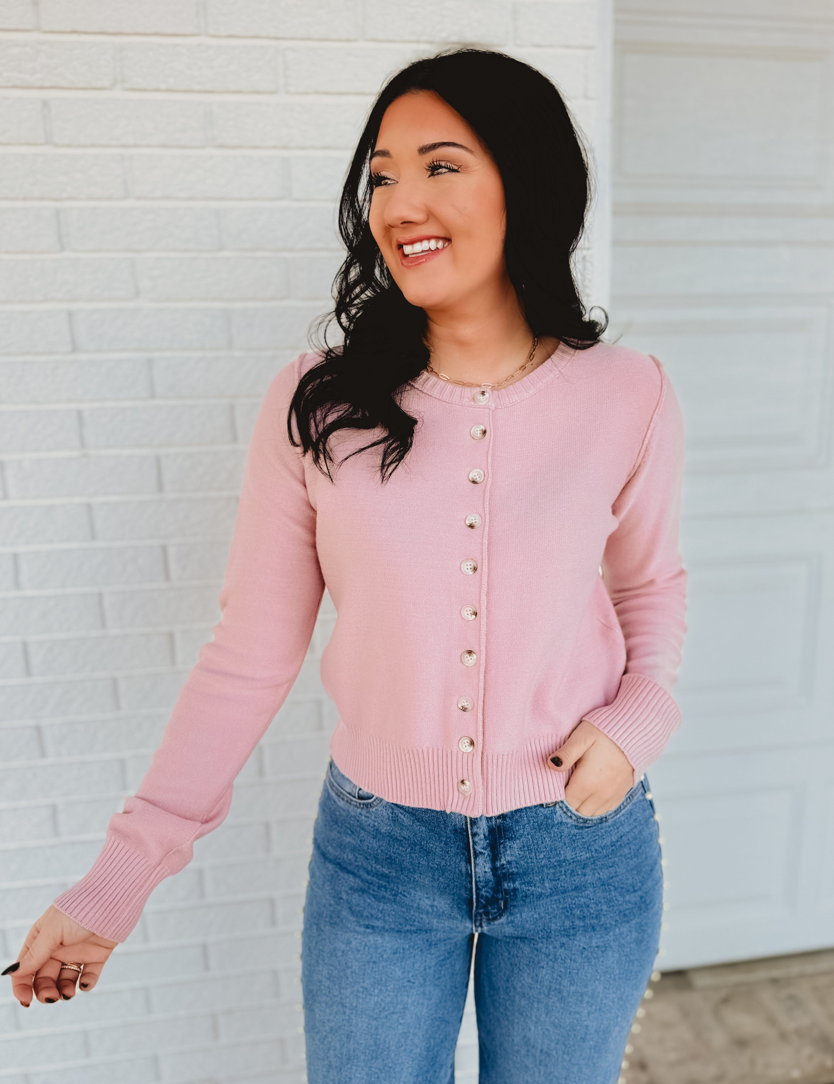 Button Up Round Neck Sweater Cardigan - Ballet - Lace and Grace Boutique