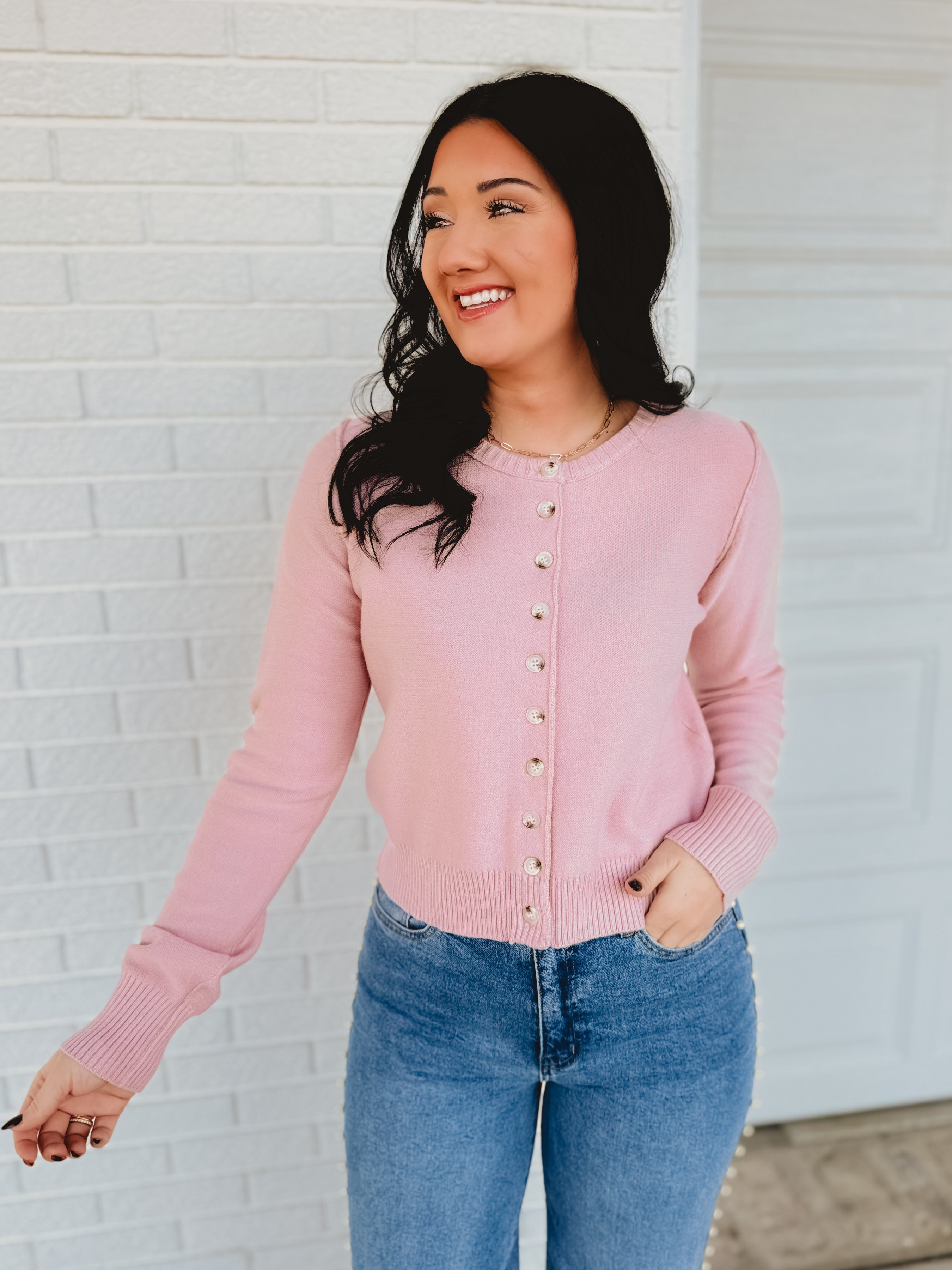 Button Up Round Neck Sweater Cardigan - Ballet - Lace and Grace Boutique