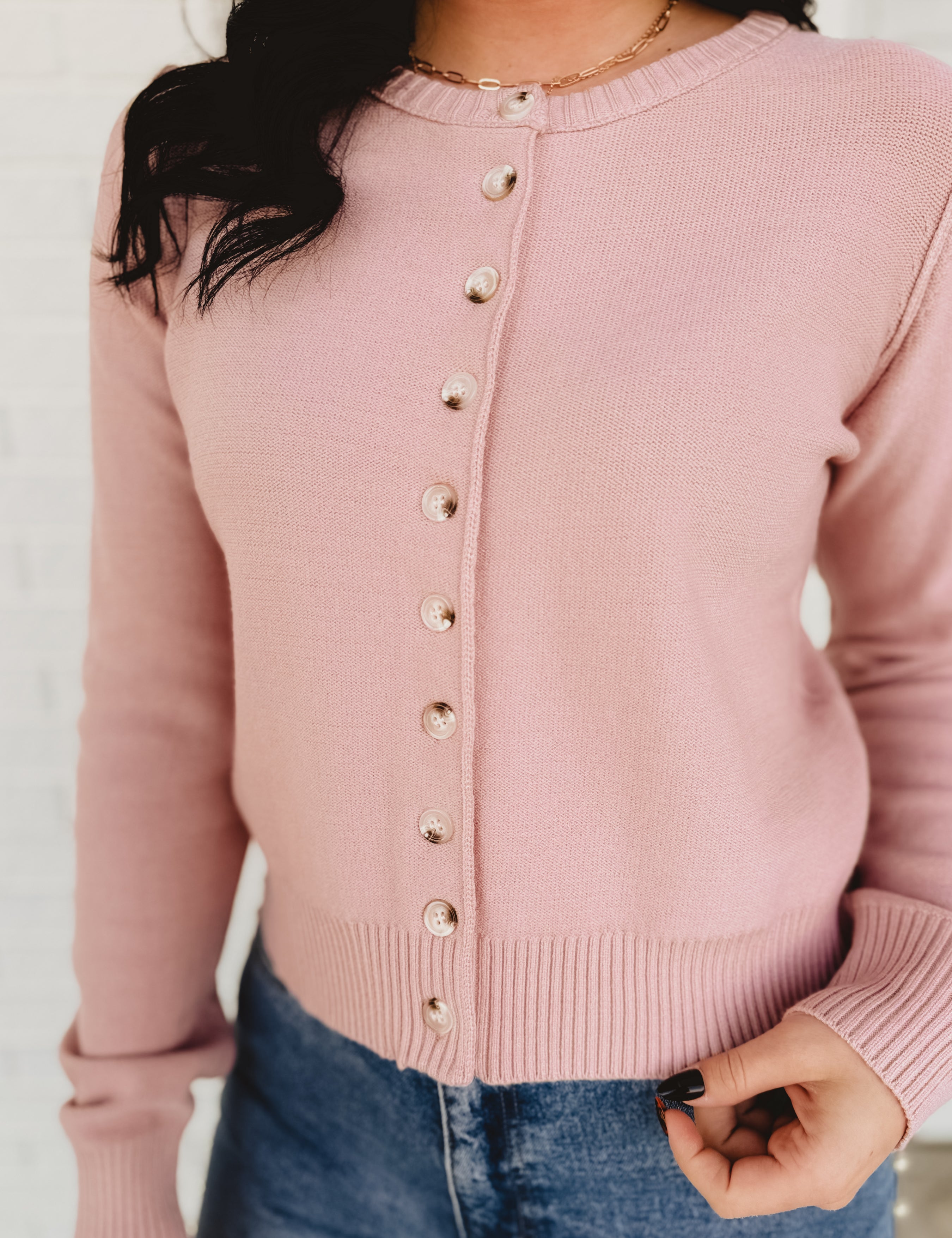 Button Up Round Neck Sweater Cardigan - Ballet - Lace and Grace Boutique