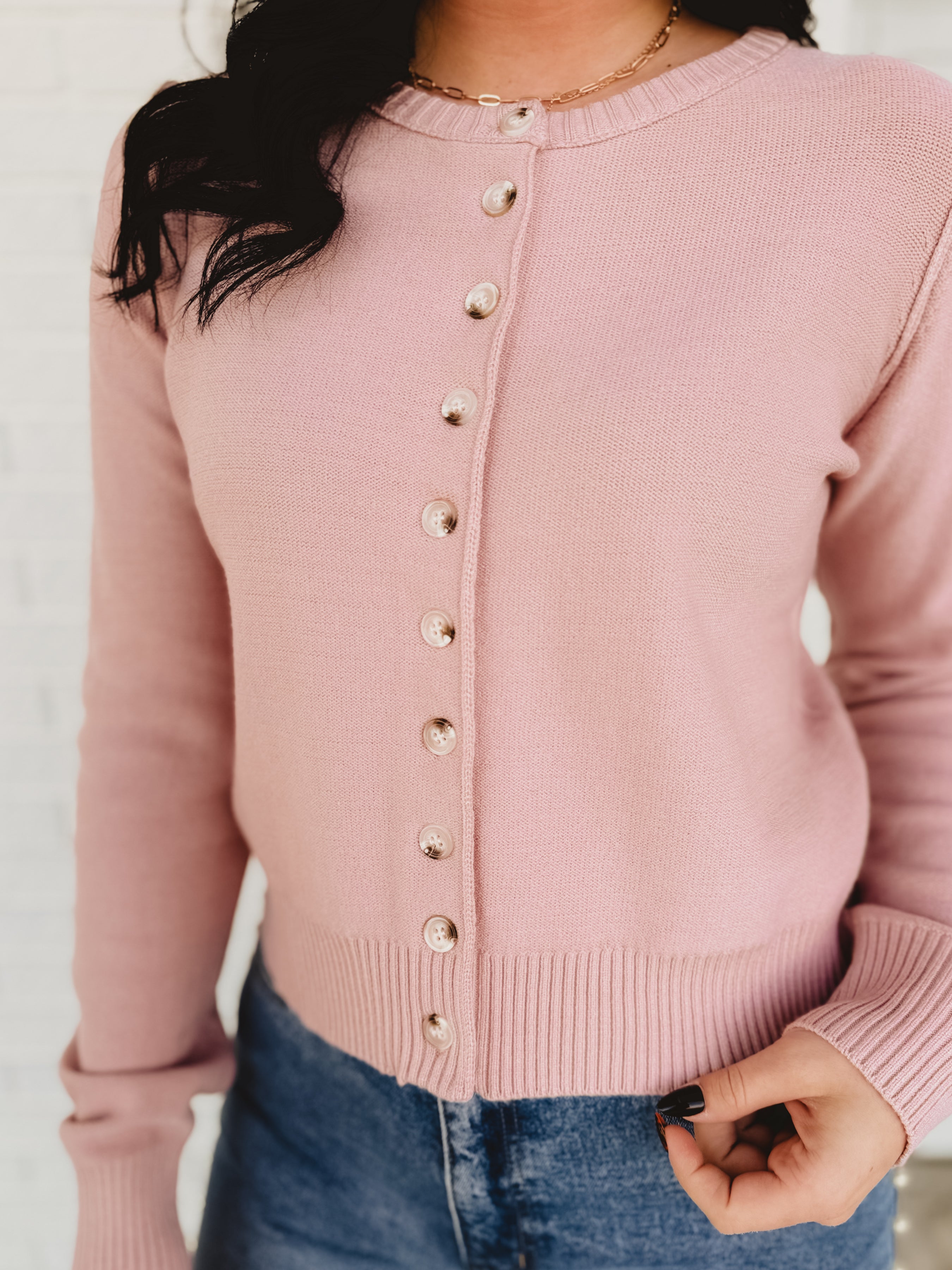 Button Up Round Neck Sweater Cardigan - Ballet - Lace and Grace Boutique