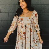 Floral Long Sleeve Babydoll Mini Dress - Nude