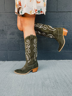 Artisan Embroidered Western Tall Boots - Olive - Lace and Grace Boutique