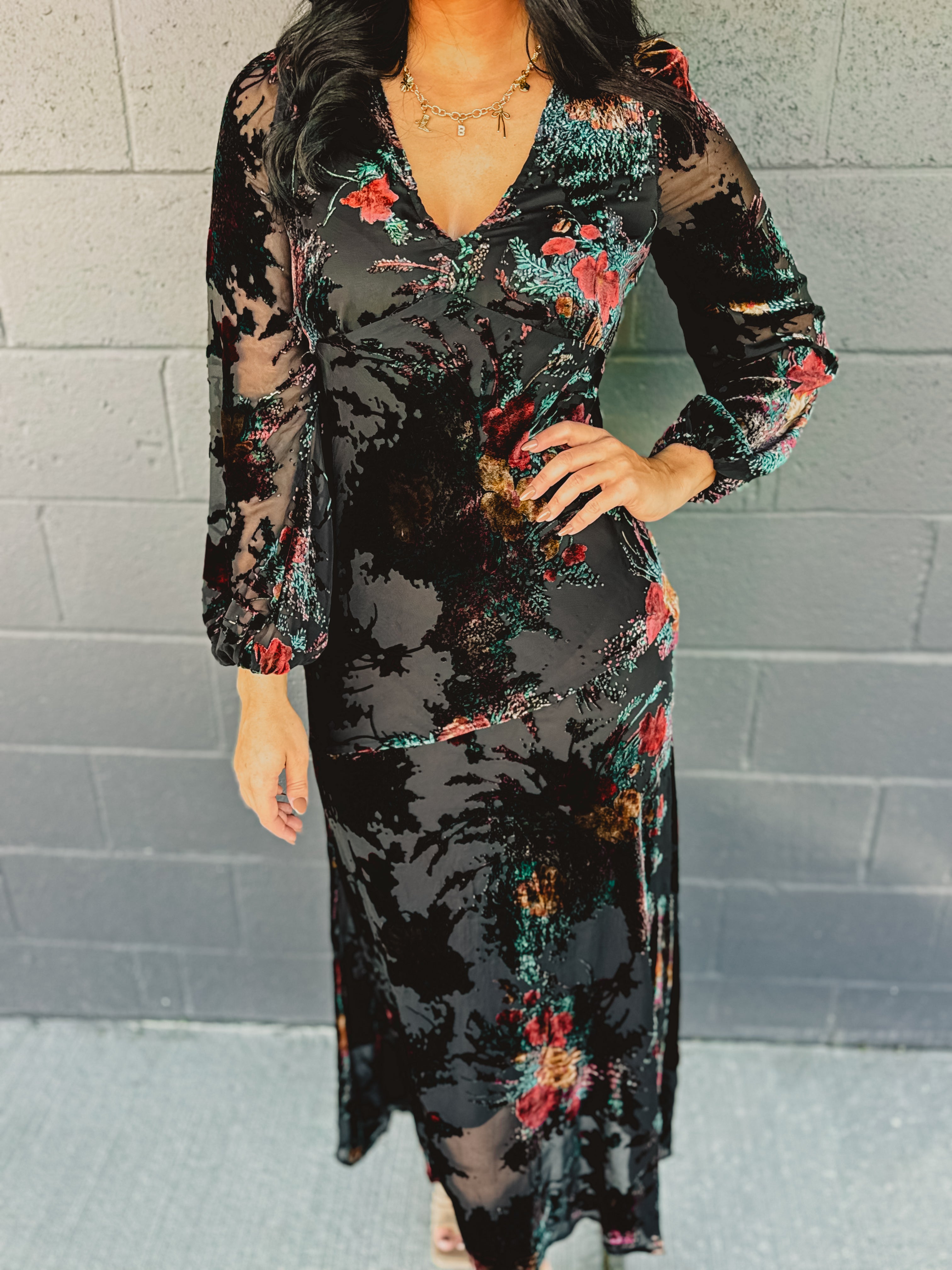 Burnout Velvet Long Sleeve Maxi Dress - Red Rose Gold | Lace and Grace Boutique Burnout Velvet Long Sleeve Maxi Dress - Red Rose Gold | Lace and Grace Boutique