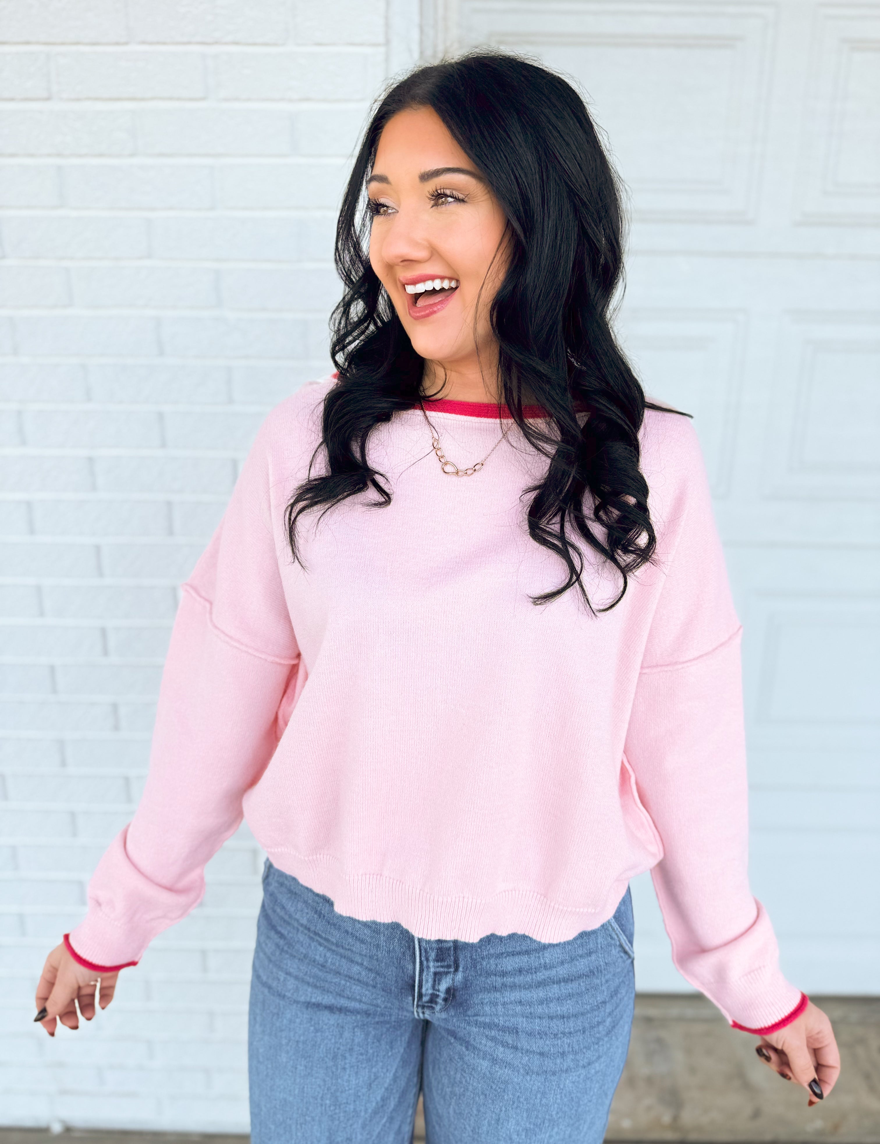 Contrast Edge Boat Neck Sweater - Pink - Lace and Grace Boutique