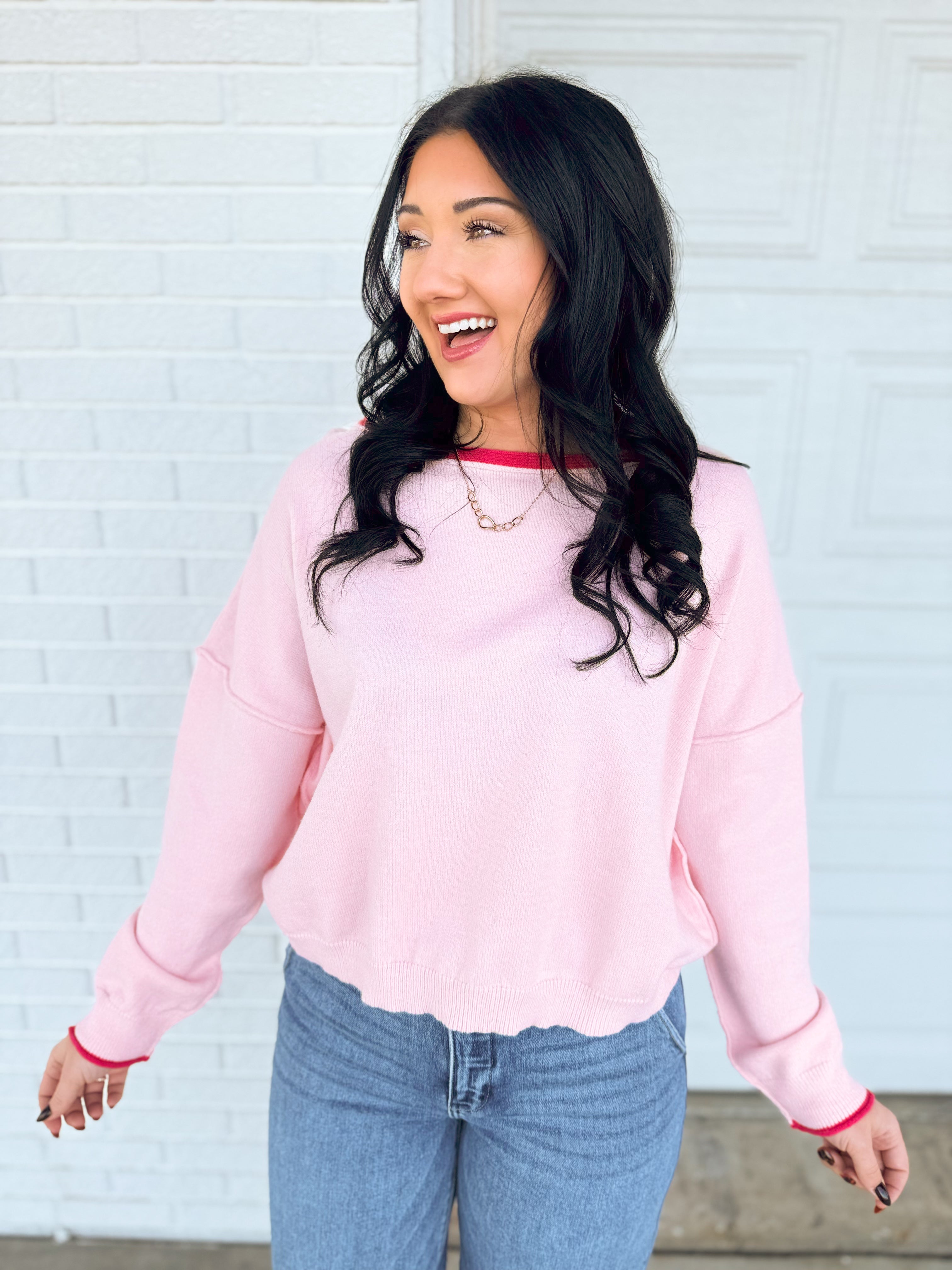 Contrast Edge Boat Neck Sweater - Pink - Lace and Grace Boutique