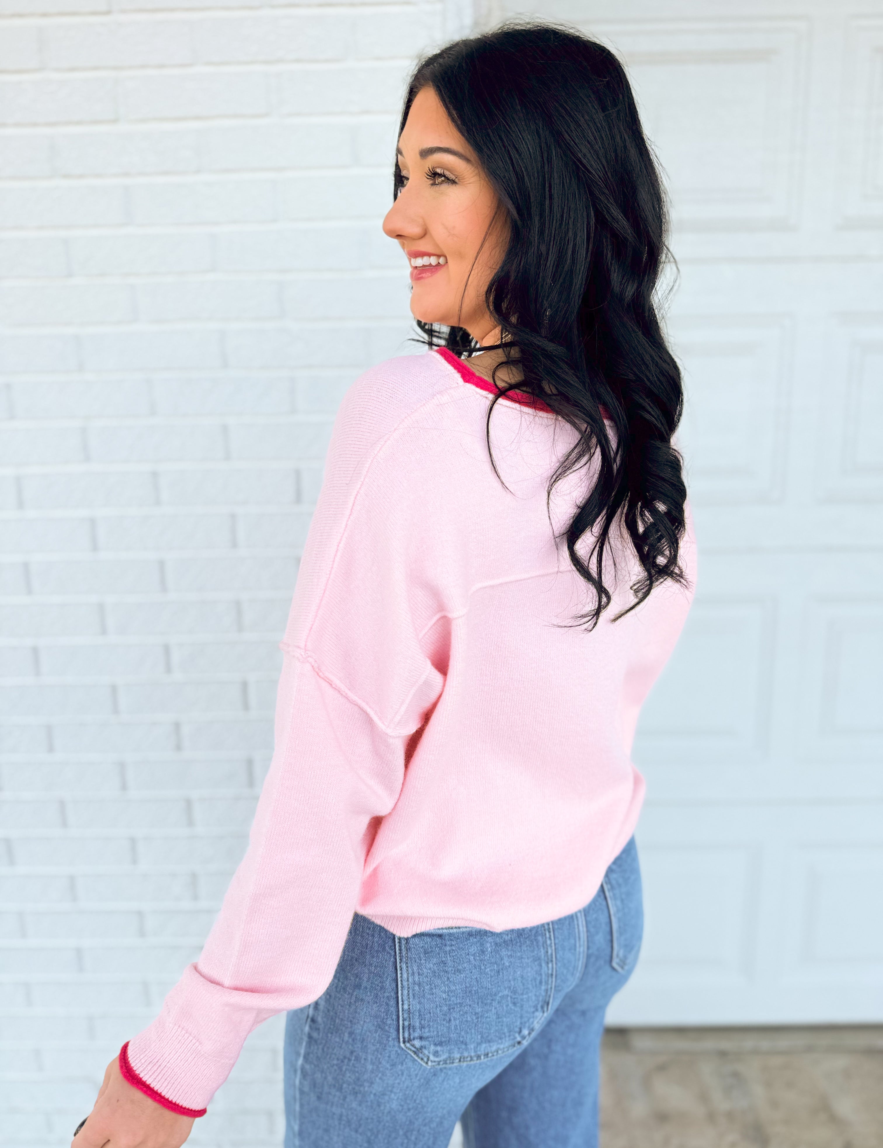 Contrast Edge Boat Neck Sweater - Pink - Lace and Grace Boutique