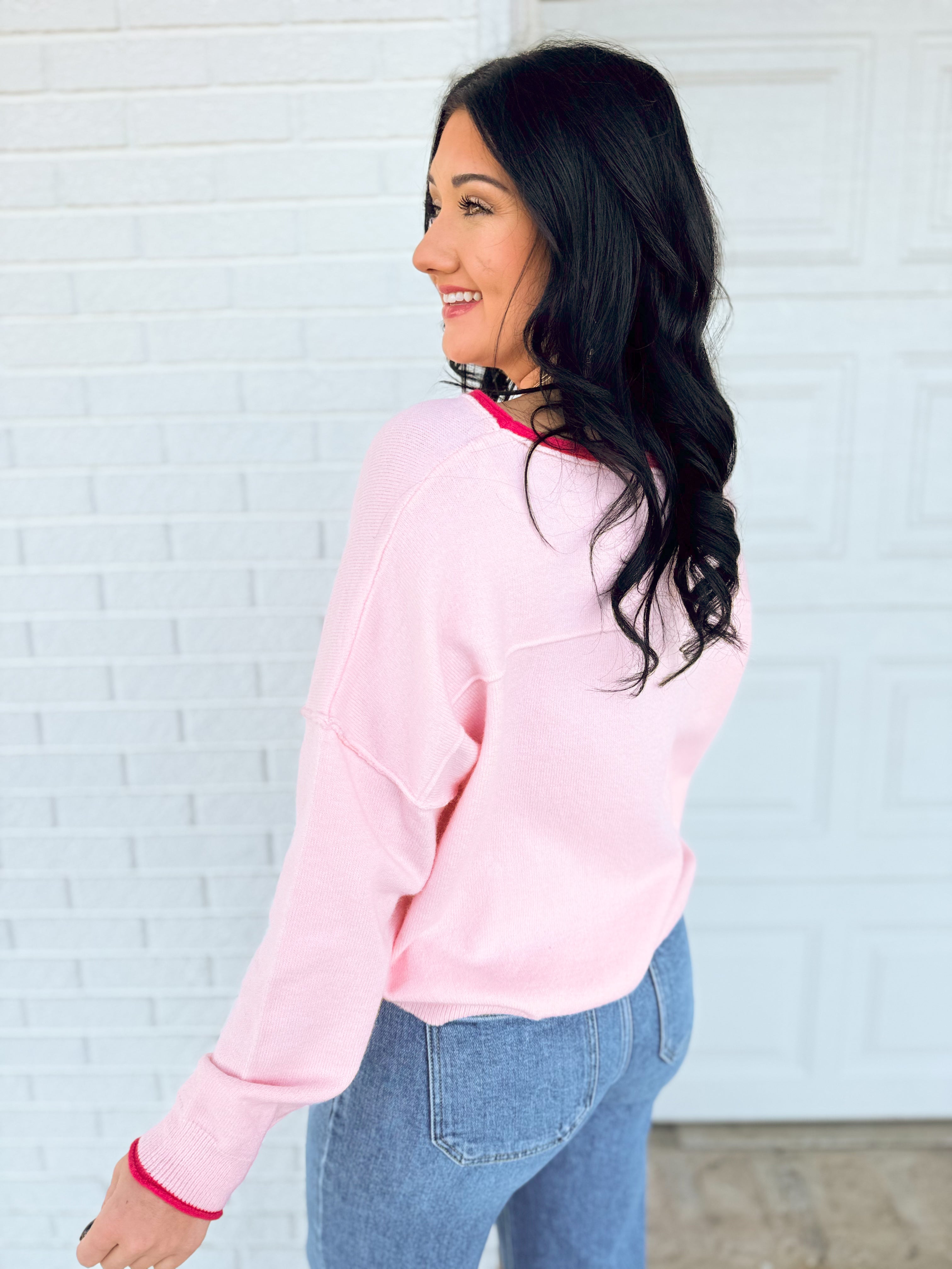 Contrast Edge Boat Neck Sweater - Pink - Lace and Grace Boutique