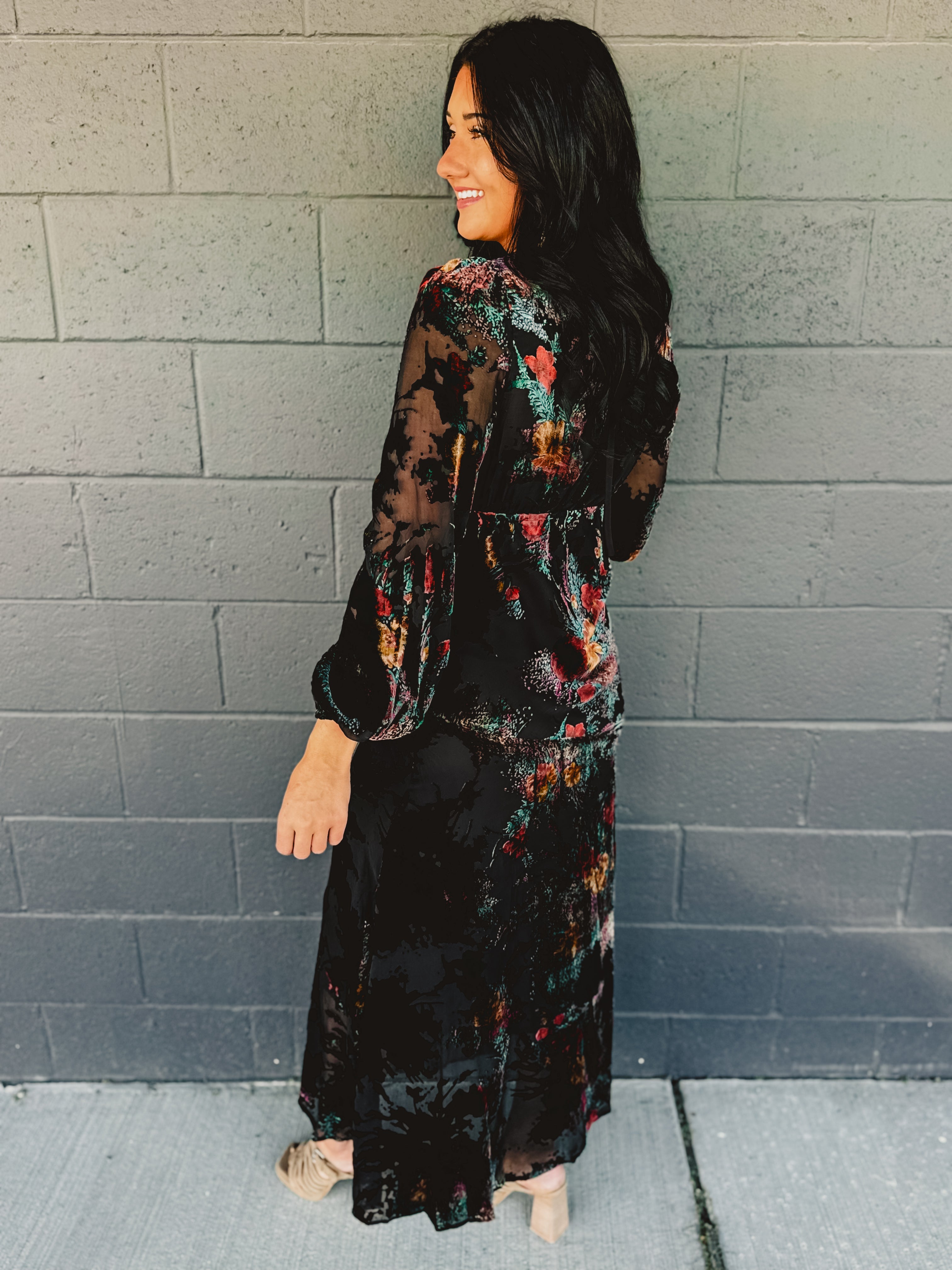Burnout Velvet Long Sleeve Maxi Dress - Red Rose Gold | Lace and Grace Boutique Burnout Velvet Long Sleeve Maxi Dress - Red Rose Gold | Lace and Grace Boutique