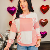 Checkered Patchwork Pullover Top - Pink