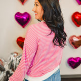 Striped Drop Shoulder Pullover Sweatshirt - Pink