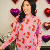 Rose Print Crewneck Knit Sweater - Pink/Red