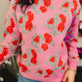 Rose Print Crewneck Knit Sweater - Pink/Red