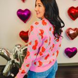 Rose Print Crewneck Knit Sweater - Pink/Red