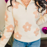 Floral Quarter Zip Knit Sweater - White/Pink