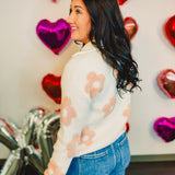 Floral Quarter Zip Knit Sweater - White/Pink