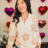 Floral Quarter Zip Knit Sweater - White/Pink