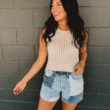 Patchwork Stretch Mid Rise Denim Shorts