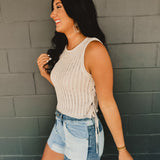Lightweight Knitted Side Tie Tank Top - Stone