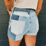 Patchwork Stretch Mid Rise Denim Shorts