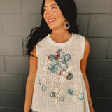 POL Denim Flower Patch Tank Top - Cream
