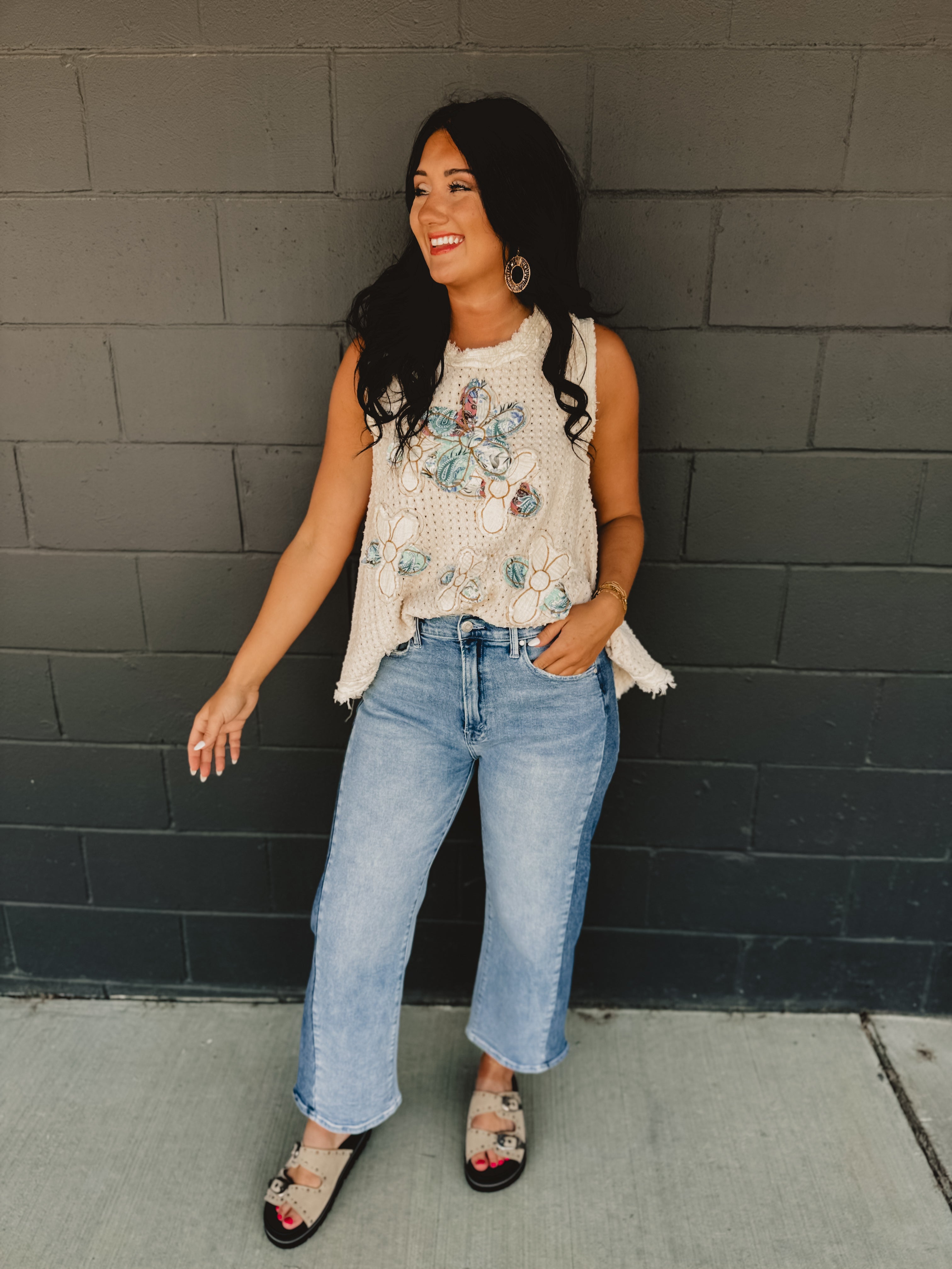 Two Tone Stretch Barrel Crop Blue Jean - Lace and Grace Boutique