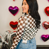 Checkered Mesh Mock Neck Top - Black