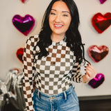 Checkered Mesh Mock Neck Top - Black