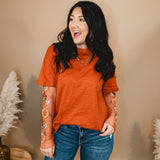 Embroidered Sheer Sleeve Top - Cognac